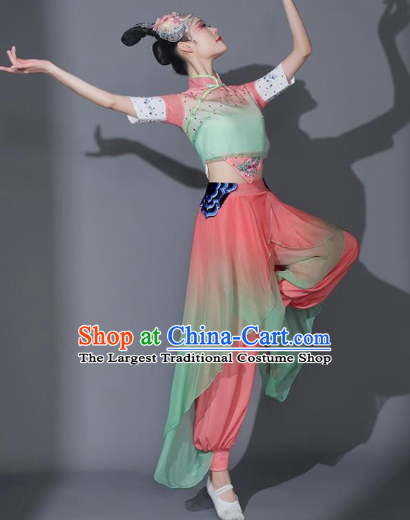 Chinese Picking Tea Girl Pink Outfit Classical Dance Clothing Stage Performance Costume Fan Dance Garment