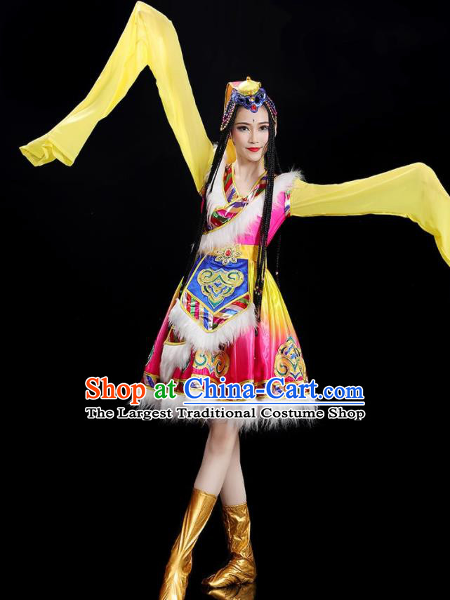 Chinese Tibetan Dance Clothing Woman Solo Dance Dress Zang Nationality Dance Costume Stage Performance Pink Garment