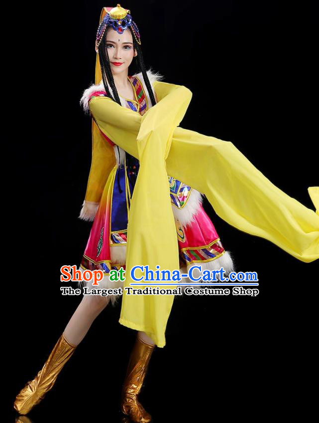 Chinese Tibetan Dance Clothing Woman Solo Dance Dress Zang Nationality Dance Costume Stage Performance Pink Garment