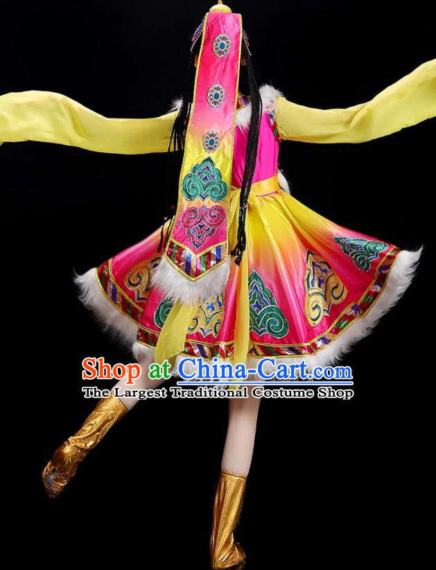 Chinese Tibetan Dance Clothing Woman Solo Dance Dress Zang Nationality Dance Costume Stage Performance Pink Garment