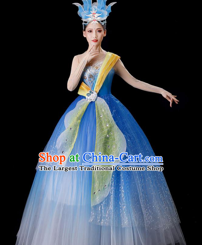 Top Modern Dance Blue Dress Women Group Dance Costume Stage Performance Fashion Opening Dance Clothing