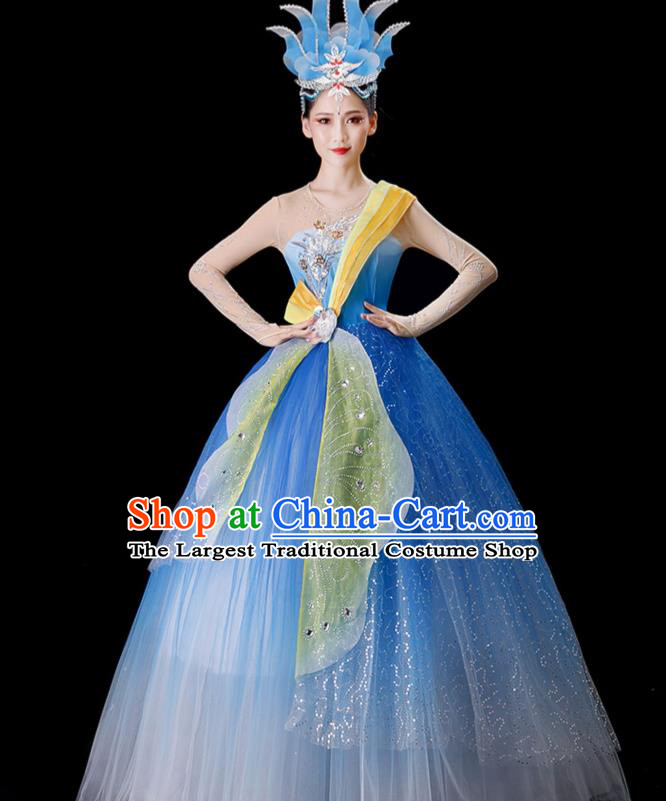 Top Modern Dance Blue Dress Women Group Dance Costume Stage Performance Fashion Opening Dance Clothing