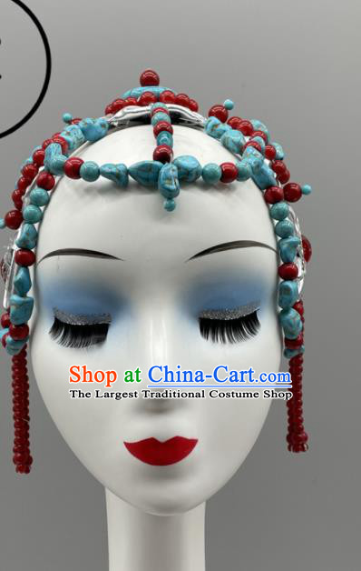 Chinese Ethnic Woman Performance Headwear Folk Dance Headpiece Zang Nationality Dance Headdress Tibetan Dance Beads Hair Jewelry