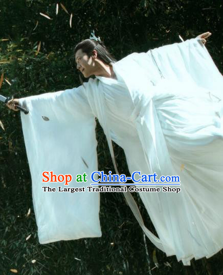 Chinese Traditional Swordsman White Hanfu TV Series Love Between Fairy and Devil Rong Hao Clothing Ancient Childe Garment Costumes