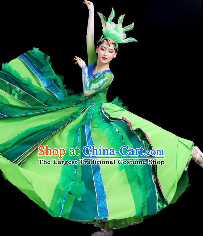 Top Modern Dance Green Dress Chinese Opening Dance Clothing Women Group Dance Outfit Stage Performance Costume