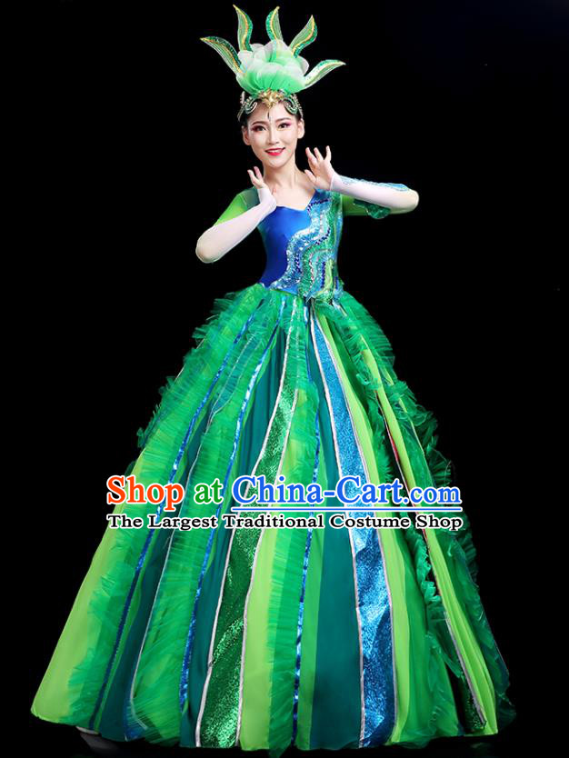 Top Modern Dance Green Dress Chinese Opening Dance Clothing Women Group Dance Outfit Stage Performance Costume