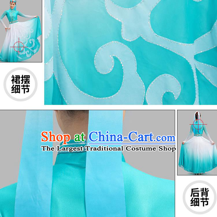 Chinese Classical Dance Blue Dress Mongol Nationality Dance Suit Ethnic Folk Dance Garment Costume and Headpiece