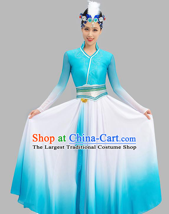 Chinese Mongol Nationality Dance Garment Costume Mongolian Dance Light Blue Dress Ethnic Dance Suit