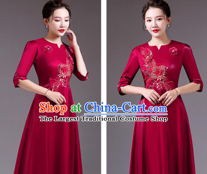 Professional Compere Wine Red Full Dress Stage Performance Garment Women Chorus Group Clothing