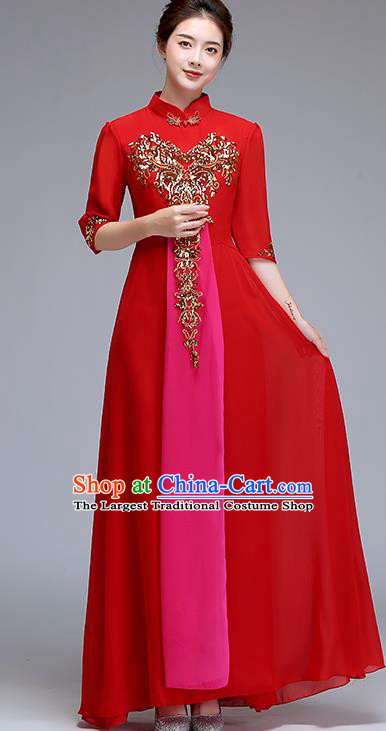 Chinese Women Chorus Group Clothing Professional Compere Red Full Dress Stage Performance Garment Costume