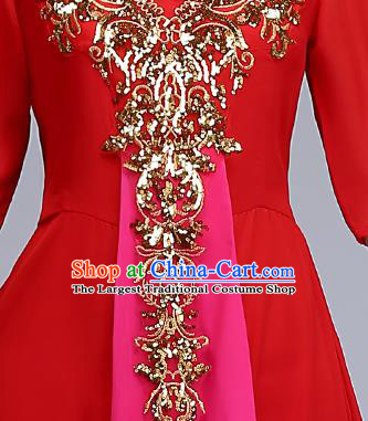 Chinese Women Chorus Group Clothing Professional Compere Red Full Dress Stage Performance Garment Costume