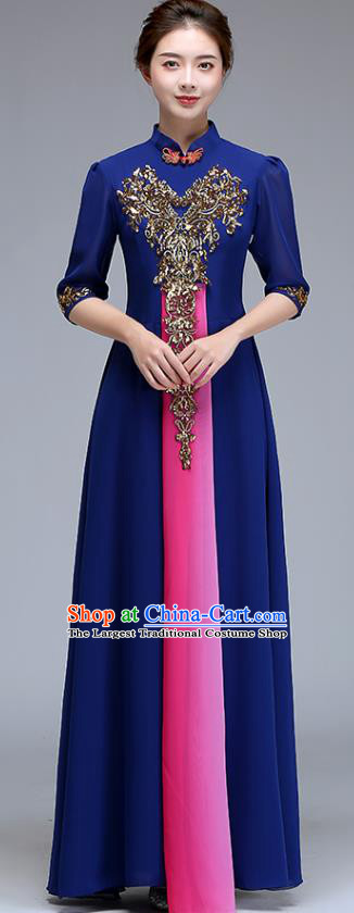 Chinese Women Stage Performance Garment Costume Chorus Group Clothing Professional Compere Royal Blue Full Dress