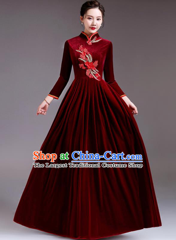 Top Stage Performance Garment Professional Women Chorus Group Clothing Compere Dark Red Velvet Dress