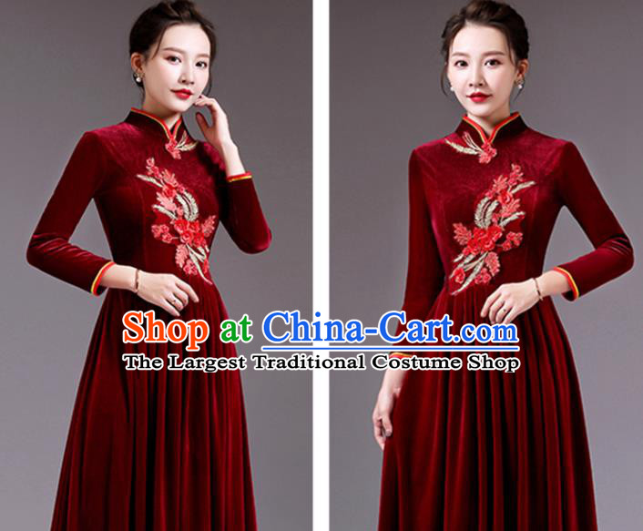 Top Stage Performance Garment Professional Women Chorus Group Clothing Compere Dark Red Velvet Dress