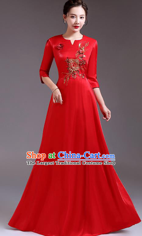 Top Compere Red Full Dress Stage Performance Garment Professional Women Chorus Group Clothing