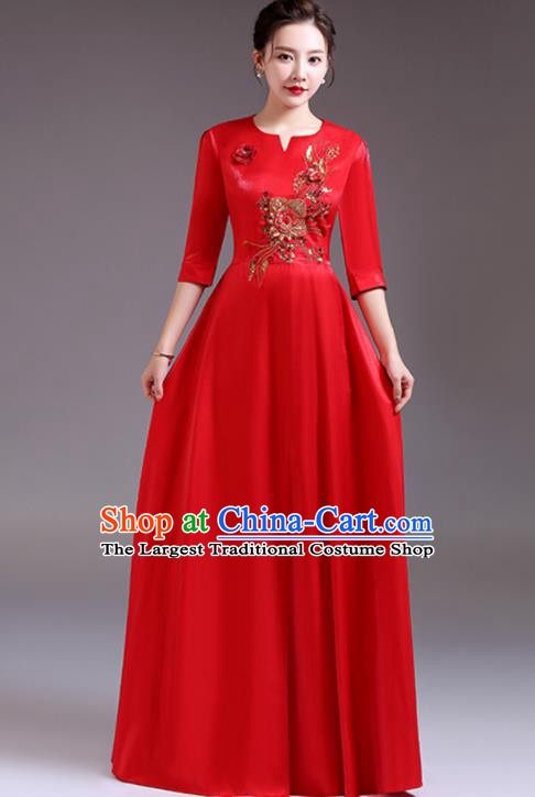 Top Compere Red Full Dress Stage Performance Garment Professional Women Chorus Group Clothing