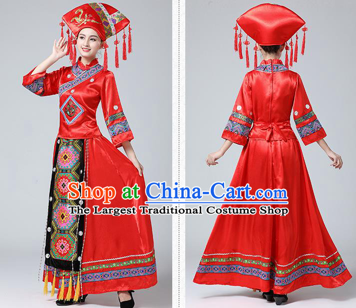 China Ethnic Wedding Women Clothing Guangxi Minority Festival Costume Zhuang Nationality Dance Red Dress