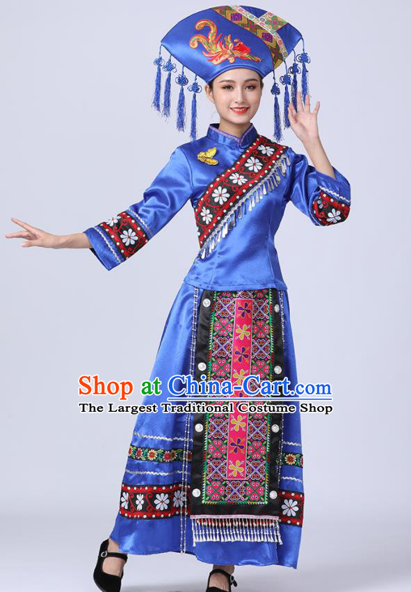 China Ethnic Festival Clothing Yunnan Minority Folk Dance Costume Yi Nationality Women Blue Dress