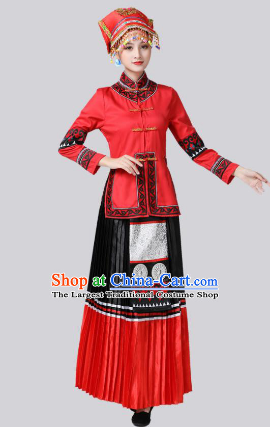 China Guangxi Minority Folk Dance Costume Yi Nationality Red Dress Ethnic Women Festival Clothing