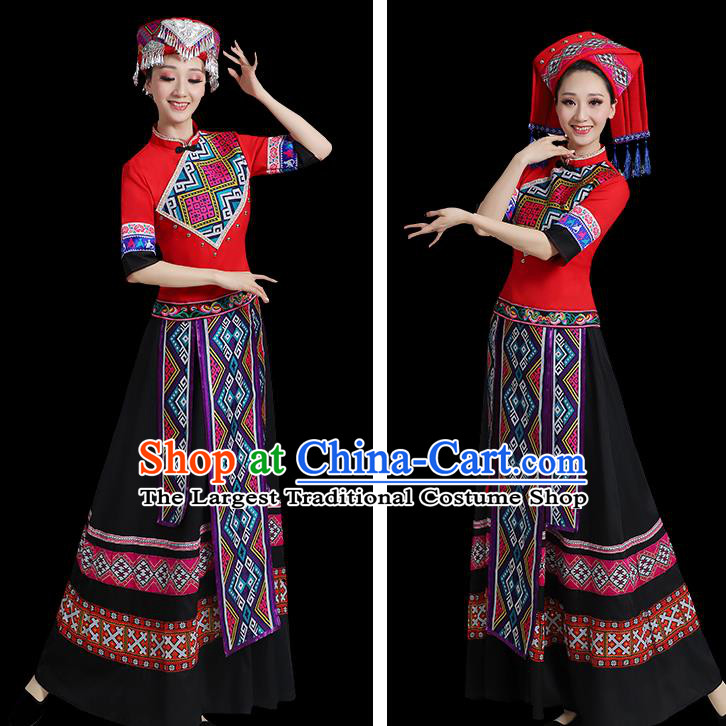 China Ethnic Women Festival Clothing Yunnan Minority Folk Dance Costume Yao Nationality Red Dress