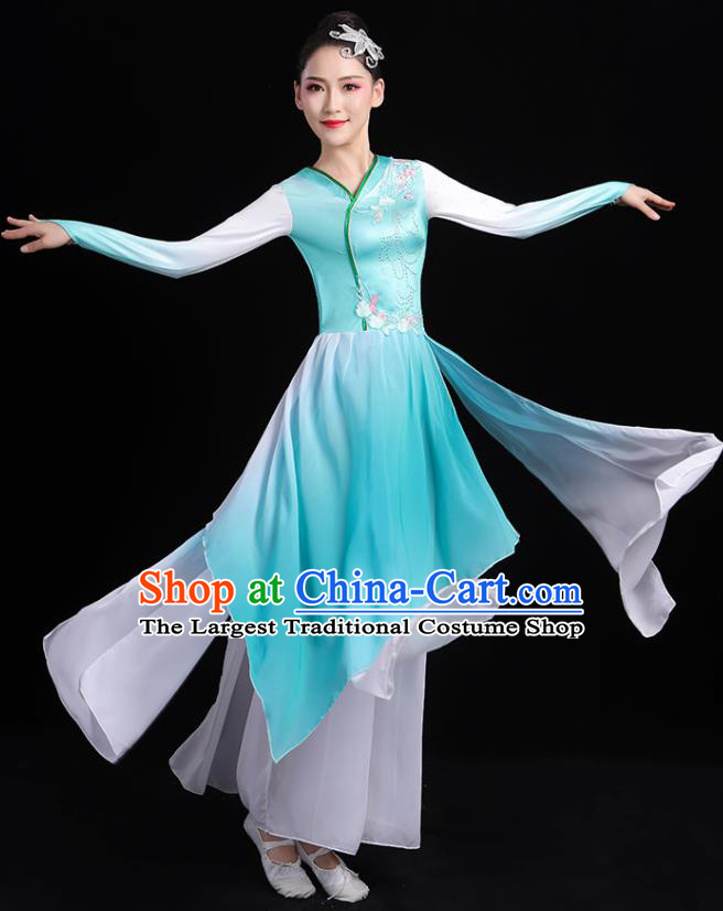 China Umbrella Dance Blue Dress Outfits Classical Dance Clothing Fan Dance Costume