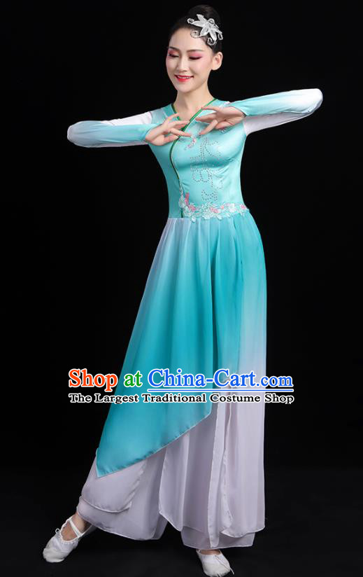 China Umbrella Dance Blue Dress Outfits Classical Dance Clothing Fan Dance Costume
