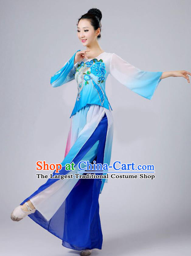 China Fan Dance Costume Umbrella Dance Blue Outfits Classical Dance Clothing