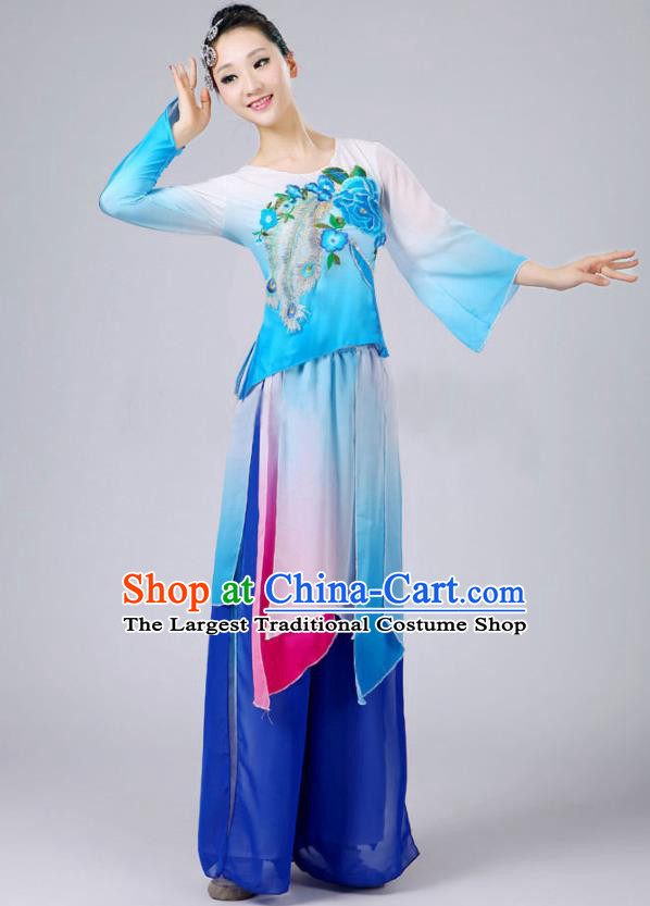 China Fan Dance Costume Umbrella Dance Blue Outfits Classical Dance Clothing