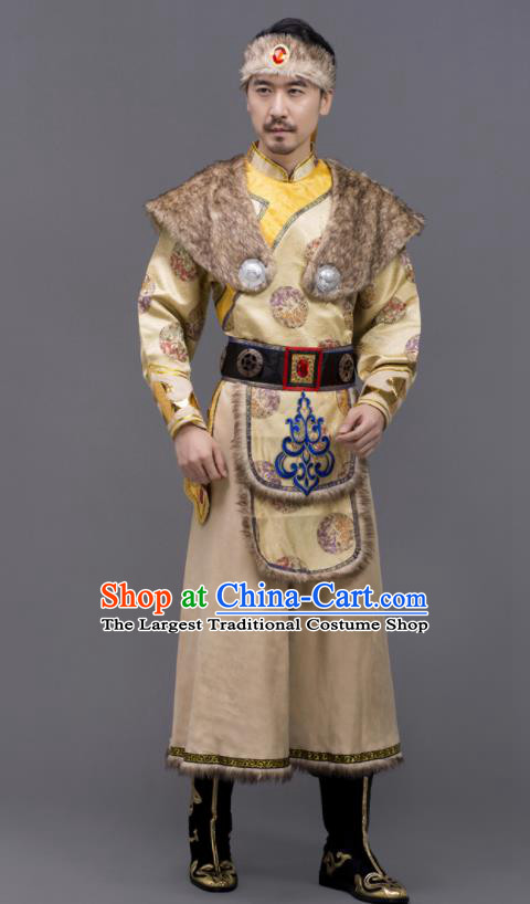 Chinese Ethnic Festival Clothing Mongol Minority Folk Dance Costume Mongolian Nationality Embroidered Yellow Suit