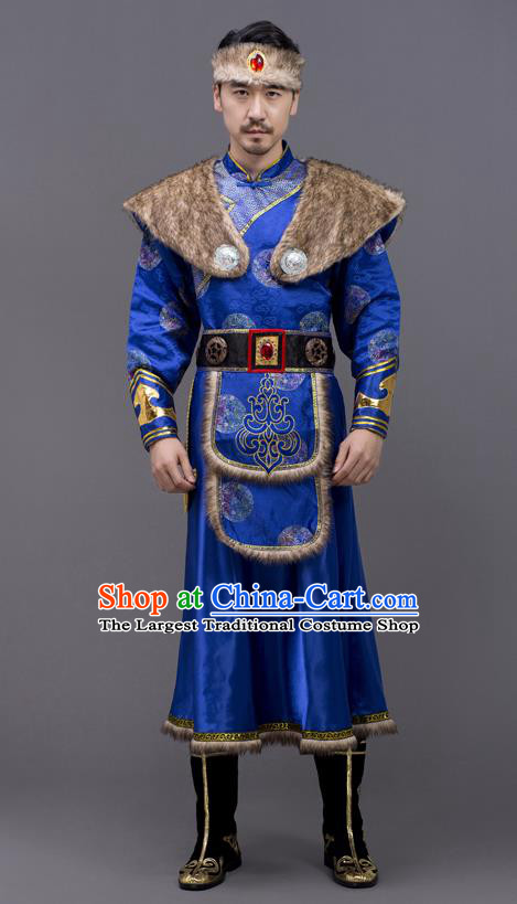 Chinese Mongolian Nationality Embroidered Royal Blue Suit Ethnic Festival Clothing Mongol Minority Folk Dance Costume