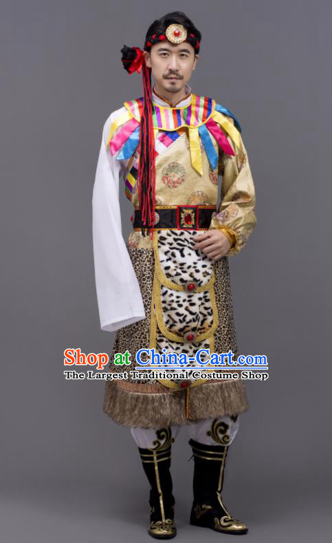 Chinese Ethnic Male Festival Clothing Tibetan Minority Folk Dance Costume Zang Nationality Yellow Outfit