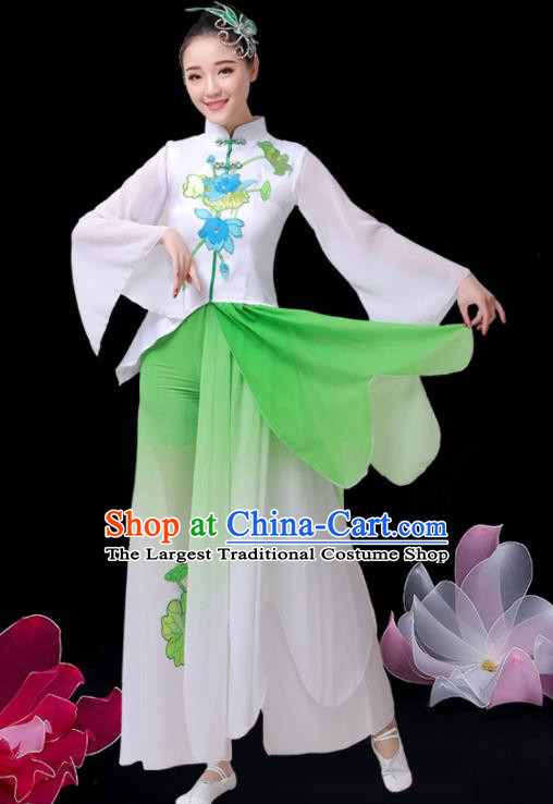 China Umbrella Dance Green Dress Outfits Classical Dance Clothing Jasmine Flower Dance Costume