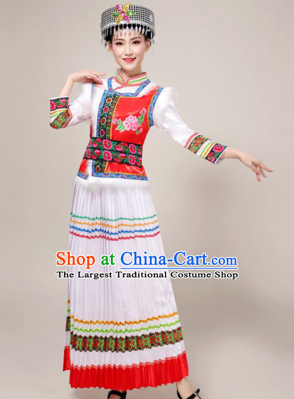 China Yunnan Ethnic Women Festival Clothing Hani Minority Folk Dance Costume Lisu Nationality White Dress