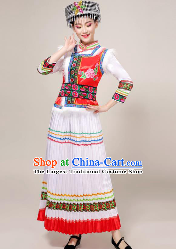 China Yunnan Ethnic Women Festival Clothing Hani Minority Folk Dance Costume Lisu Nationality White Dress