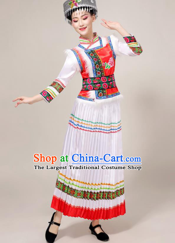 China Yunnan Ethnic Women Festival Clothing Hani Minority Folk Dance Costume Lisu Nationality White Dress