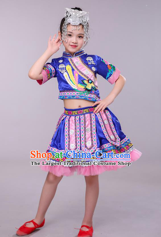 China Yi Minority Children Folk Dance Costume Yao Nationality Royal Blue Dress Ethnic Festival Clothing