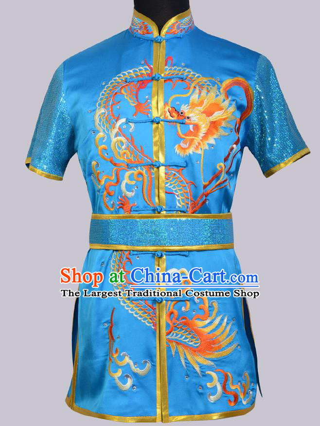 Chinese Traditional Wushu Competition Clothing Embroidered Dragon Sky Blue Outfit Martial Arts Changquan Uniforms Kung Fu Costumes