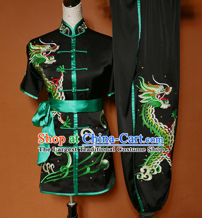 Chinese Kung Fu Costumes Traditional Wushu Competition Clothing Embroidered Dragon Black Outfit Martial Arts Changquan Uniforms