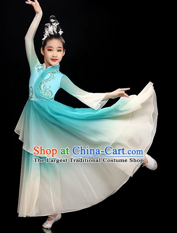 Chinese Stage Performance Dancewear Children Fan Dance Clothing Classical Dance Garment Costume Umbrella Dance Blue Dress