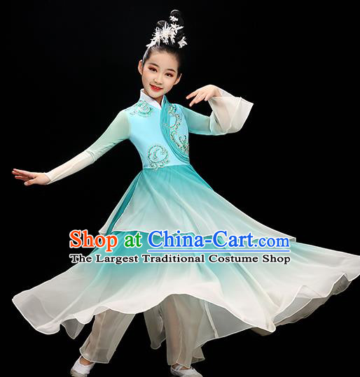 Chinese Stage Performance Dancewear Children Fan Dance Clothing Classical Dance Garment Costume Umbrella Dance Blue Dress