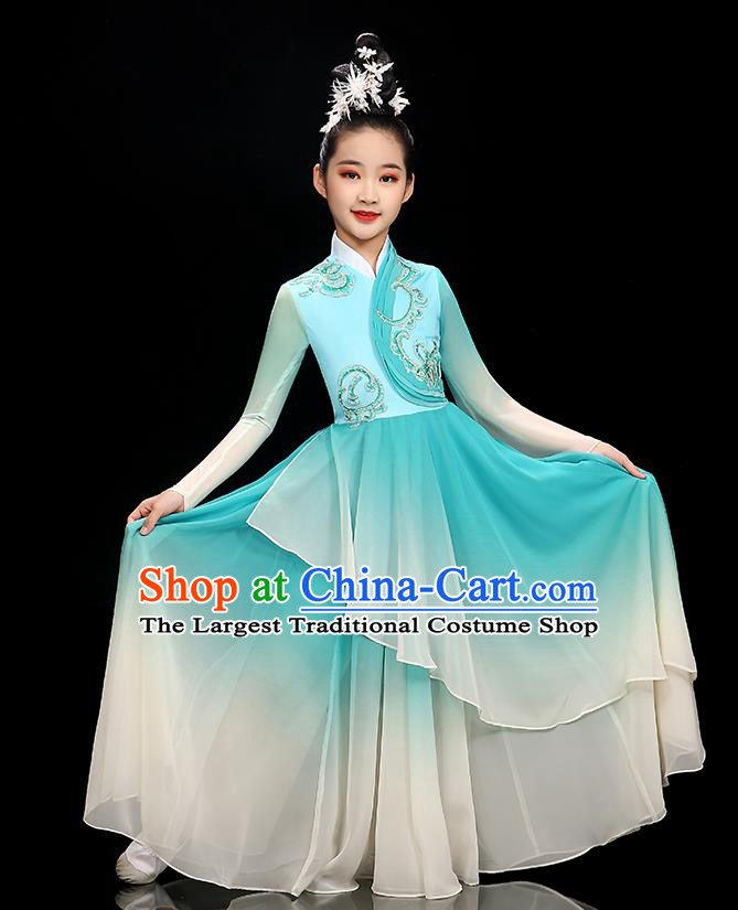 Chinese Stage Performance Dancewear Children Fan Dance Clothing Classical Dance Garment Costume Umbrella Dance Blue Dress