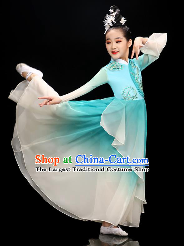 Chinese Stage Performance Dancewear Children Fan Dance Clothing Classical Dance Garment Costume Umbrella Dance Blue Dress