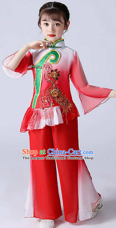 Chinese Children Fan Dance Clothing Folk Dance Garment Costume Yangko Dance Red Uniform Stage Performance Dancewear