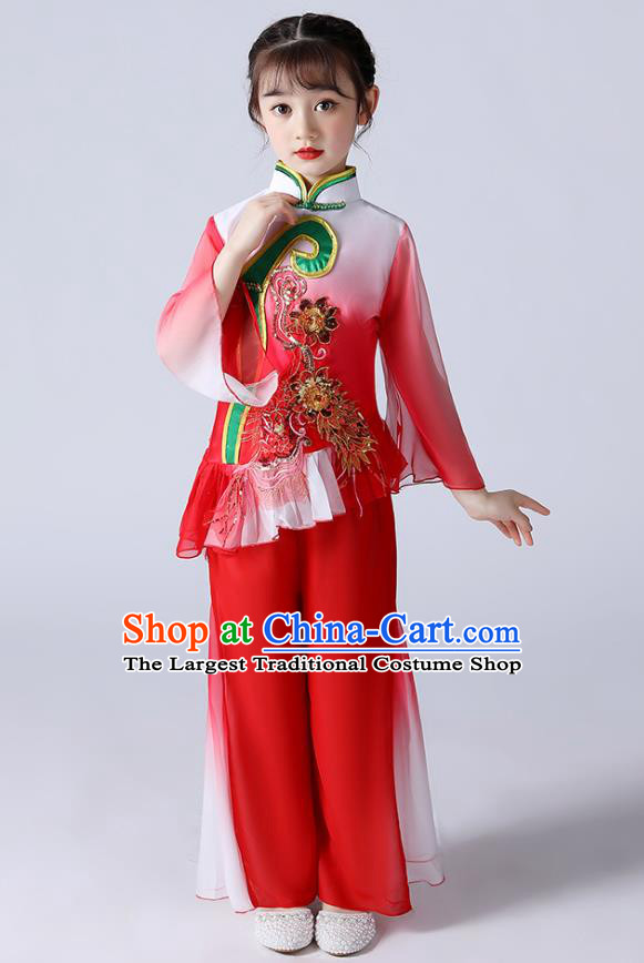 Chinese Children Fan Dance Clothing Folk Dance Garment Costume Yangko Dance Red Uniform Stage Performance Dancewear