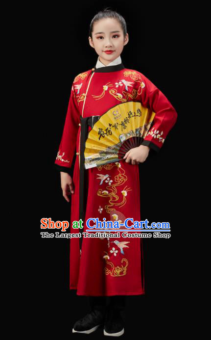 Chinese Ancient Scholar Red Uniform Traditional Stage Performance Clothing Children Fan Dance Robe Classical Dance Garment Costume
