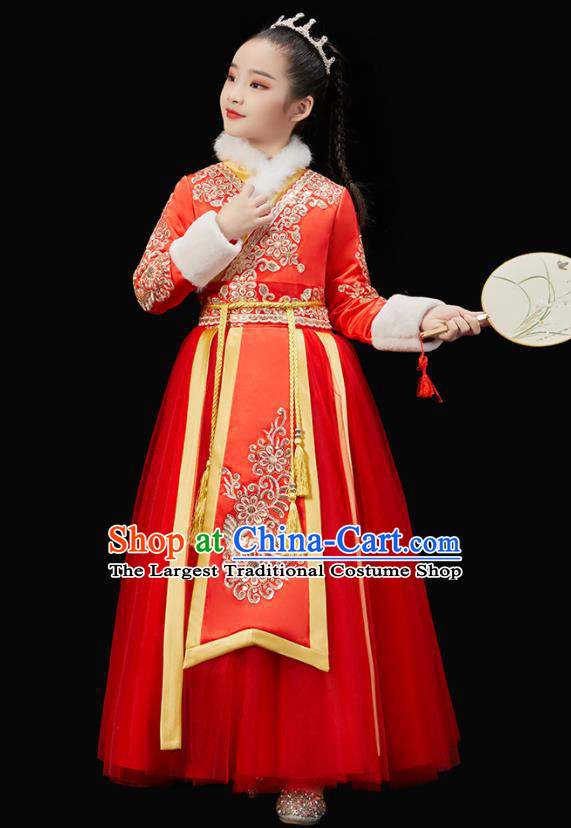 Chinese New Year Garment Costume Ancient Princess Clothes Traditional Stage Performance Clothing Children Fan Dance Red Dress