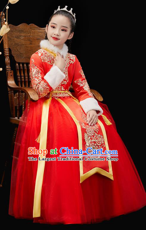 Chinese New Year Garment Costume Ancient Princess Clothes Traditional Stage Performance Clothing Children Fan Dance Red Dress