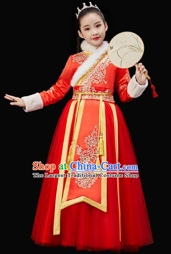 Chinese New Year Garment Costume Ancient Princess Clothes Traditional Stage Performance Clothing Children Fan Dance Red Dress