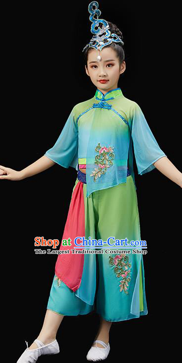 Chinese Children Fan Dance Green Uniform New Year Performance Garment Costume Folk Dance Clothes Traditional Yangko Dance Clothing