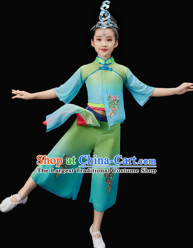 Chinese Children Fan Dance Green Uniform New Year Performance Garment Costume Folk Dance Clothes Traditional Yangko Dance Clothing